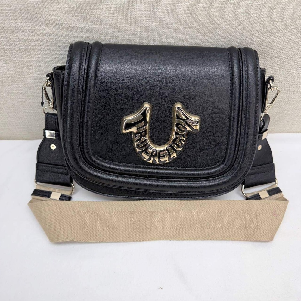 True Religion Black Crossbody Saddle Bag Gold Horseshoe Logo Tan Webbing Strap